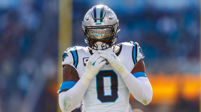 Dec 31, 2023; Jacksonville, Florida, USA; Carolina Panthers offensive linebacker Brian Burns (0) against the Carolina Panthers during the first quarter at EverBank Stadium.